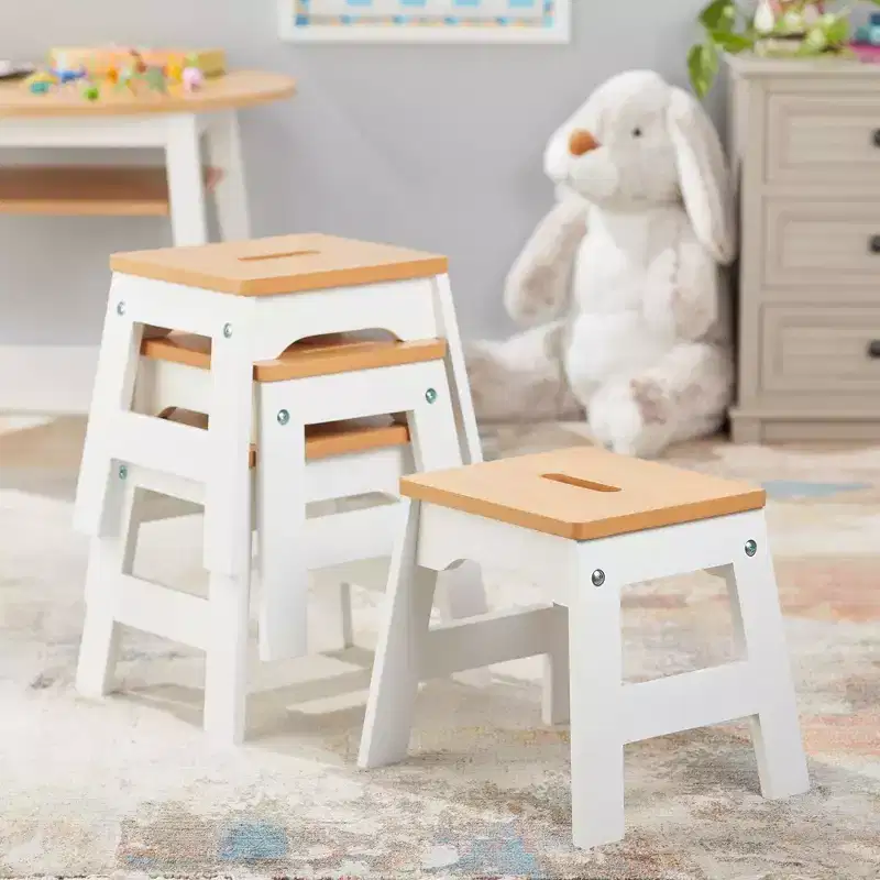 Melissa & Doug Wooden Stools - Set of 4 - White/Kids Activity Chairs, Solid Wood, Stackable