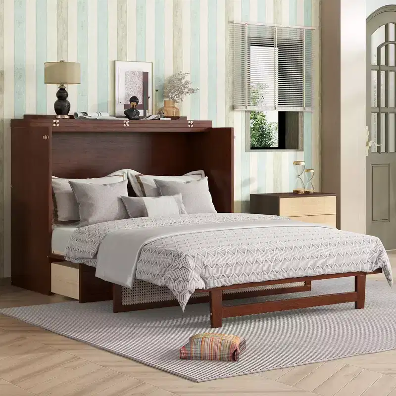 MAYEERTY Queen Size Murphy Bed, Pine Wood Cabinet Bed with Rattan Decoration and Storage Drawer Walnut