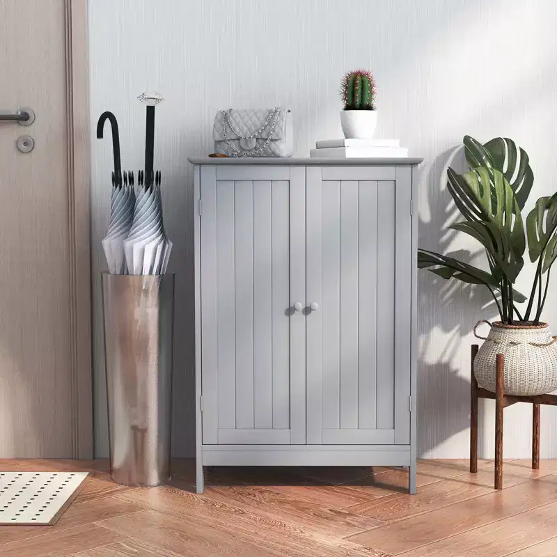 Bathroom Floor Storage Cabinet, Modern Grey, Double Door with 2 Shelves