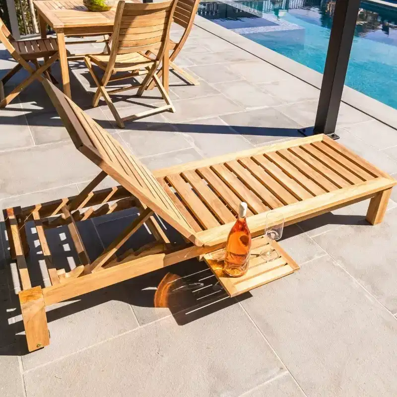Nordic Teak Natural Outdoor Chaise Lounger with Side Table - Beige