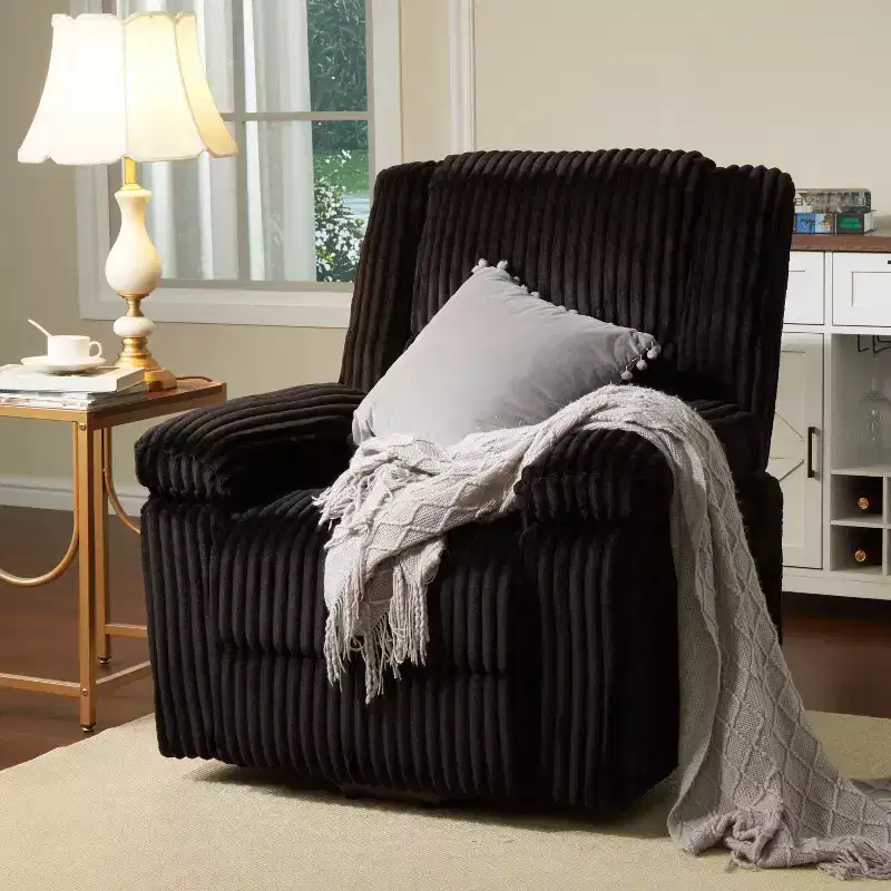 Corduroy Recliner Chair, Manual Recliner Sofa with Handle, Pillow Top Arms, Thick Padding, Side Pocket, Living Room, Bedroom, Home Theater, Dark Gray