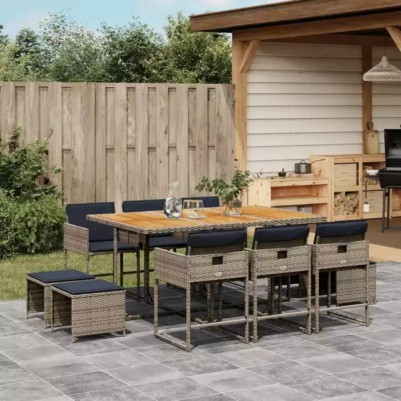 vidaXL Patio Dining Set Set of 10 Gray Poly Rattan 10-seater Foldable