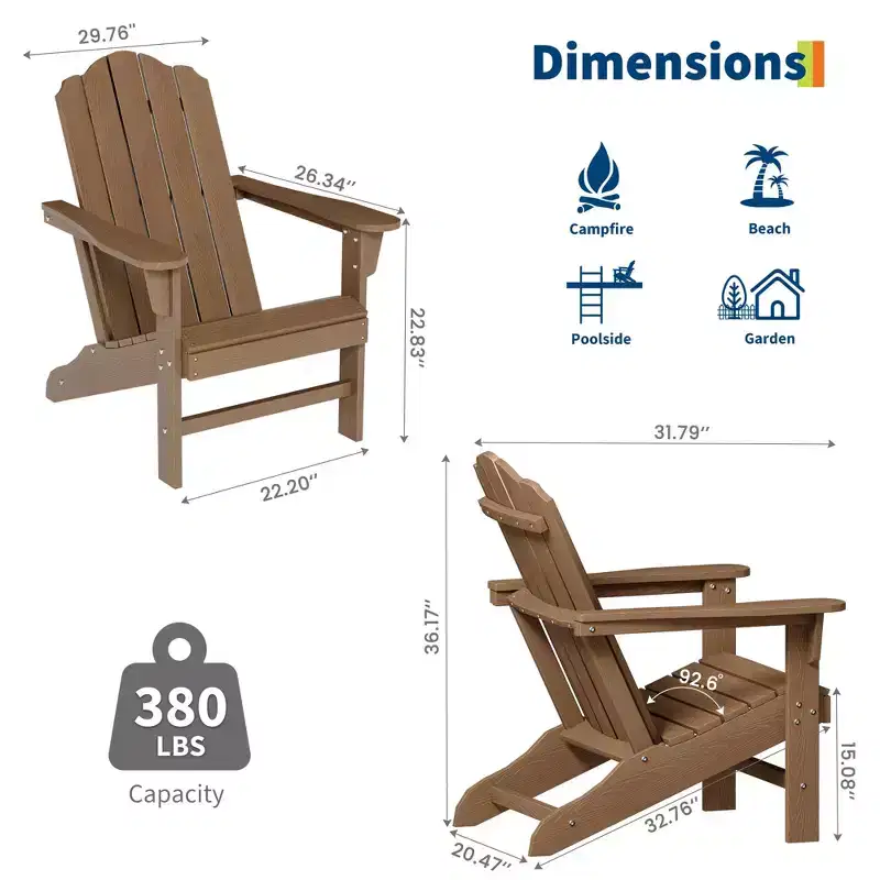 Durable HDPE Adirondack Patio Chair with Realistic Wood Grain Texture,All-Weather Wicker Lawn&Garden Seating for Backyard Deck Outdoor,1 Pack
