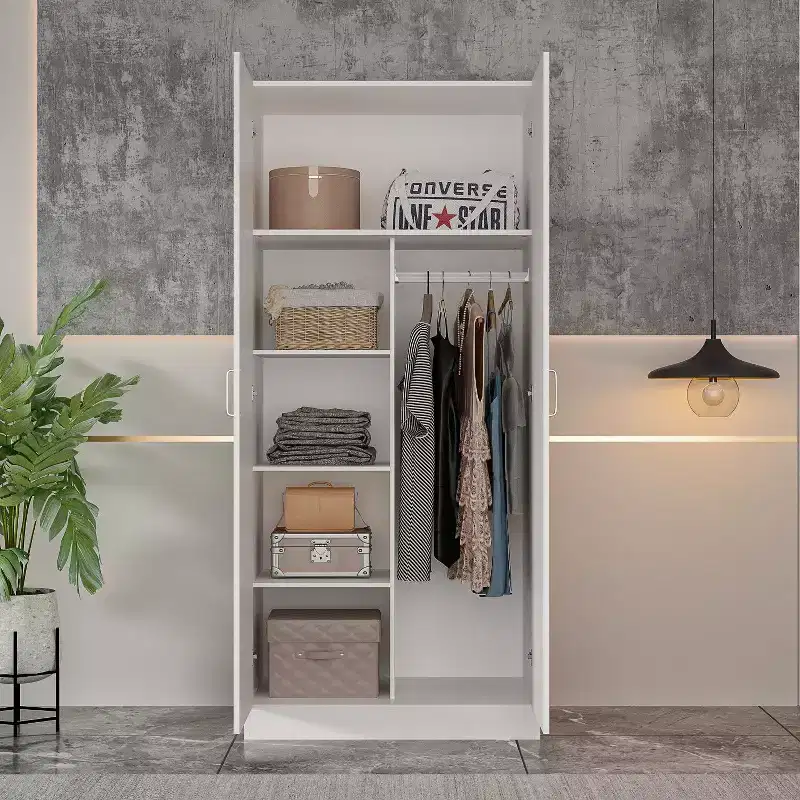 White Minimalist Double-Door Wardrobe with Hanging Section and Organized Storage