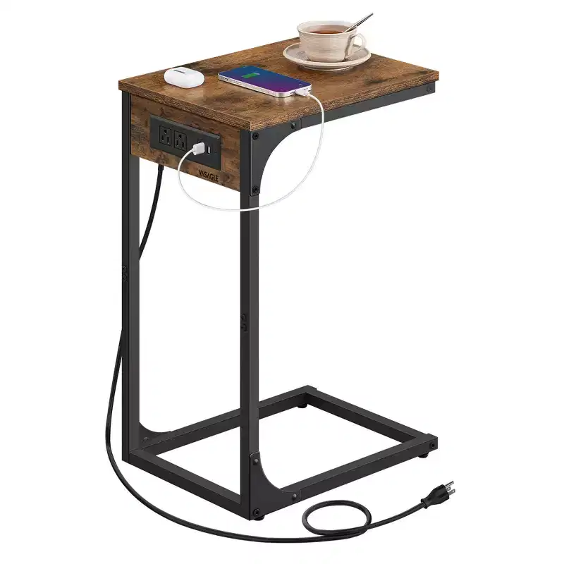 Rustic Brown C - Shaped Side Table - End Table with Charging Station (2 USB Ports & Outlets). Adjustable Feet, Ideal for Couch