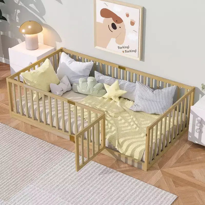 Clihome Rubber Wood Floor Bed with High Fence Guardrails & Door (Includes 6 Slats)