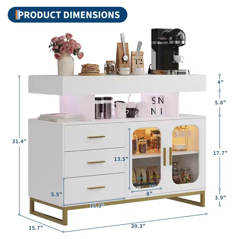 Modern Sideboard Buffet Cabinet with Auto-Sensor RGB LED Lights & Built-in Charging Station, Coffee Bar Table with Storage