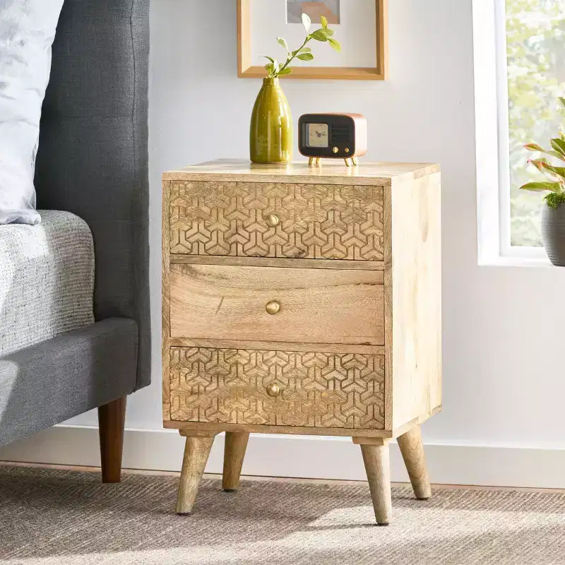 GDFStudio Stowe Boho Handmade Mango Wood 3 Drawer Nightstand