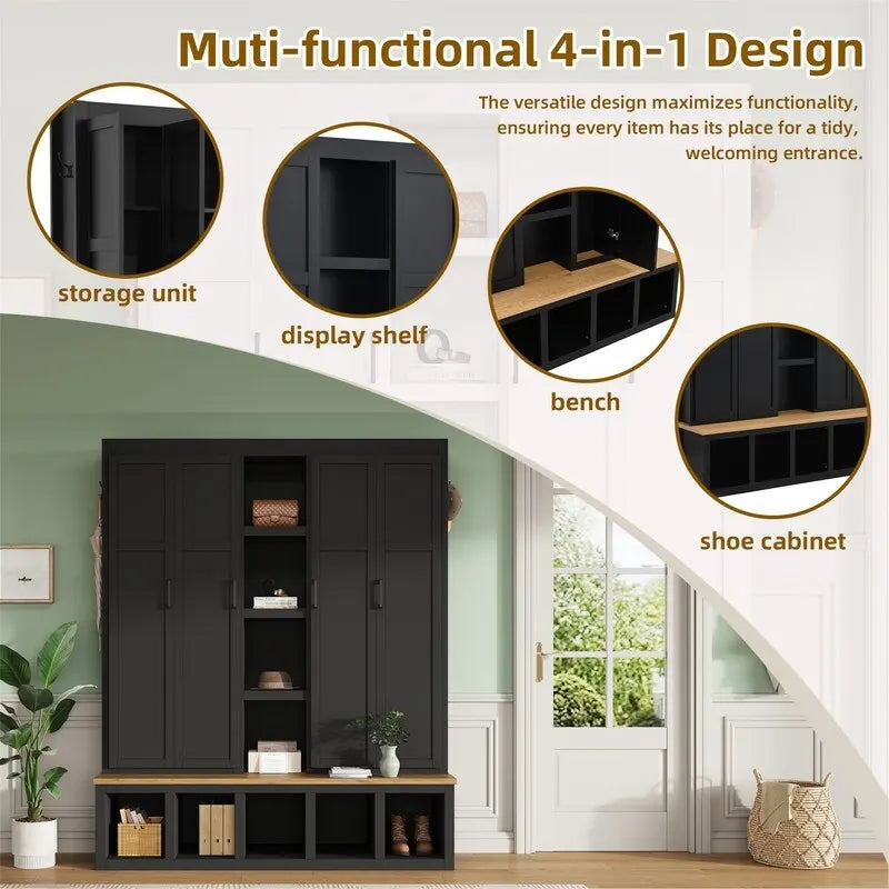 Farmhouse 4-in-1 Hall Tree with Open Display Shelves, Mudroom Shoe Bench with Open Compartments, Entryway Coat Rack with 6 Hooks