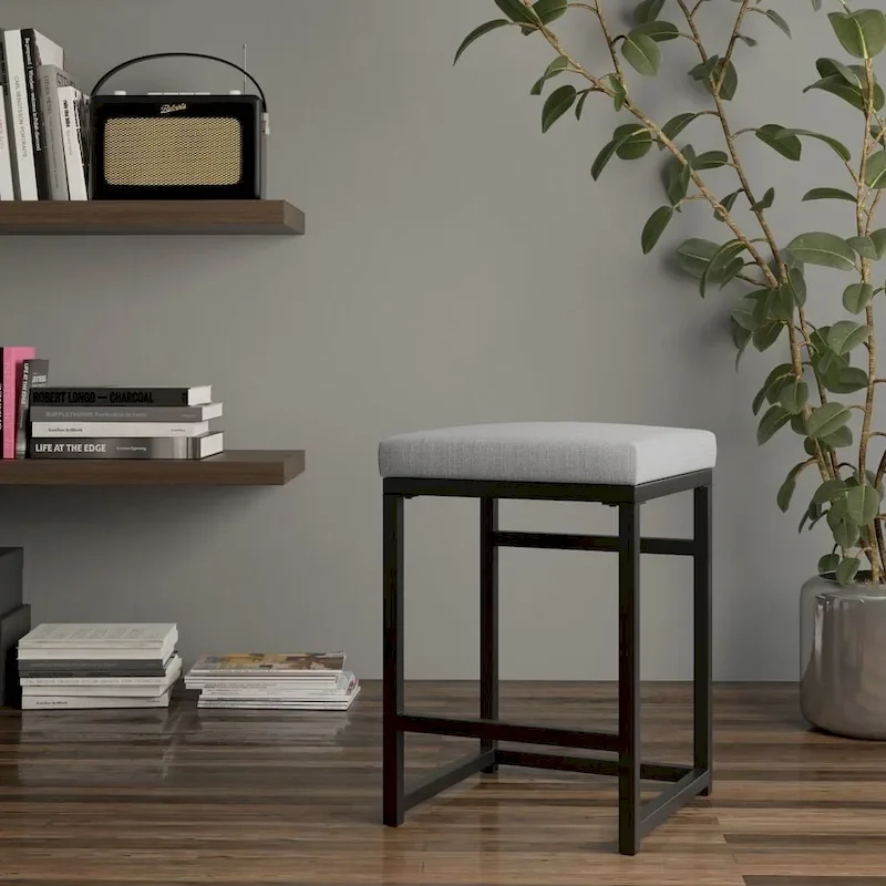 Backless Industrial Metal Counter Stool, 24in Seat Height, Textured Weave Fabric, Black Finish