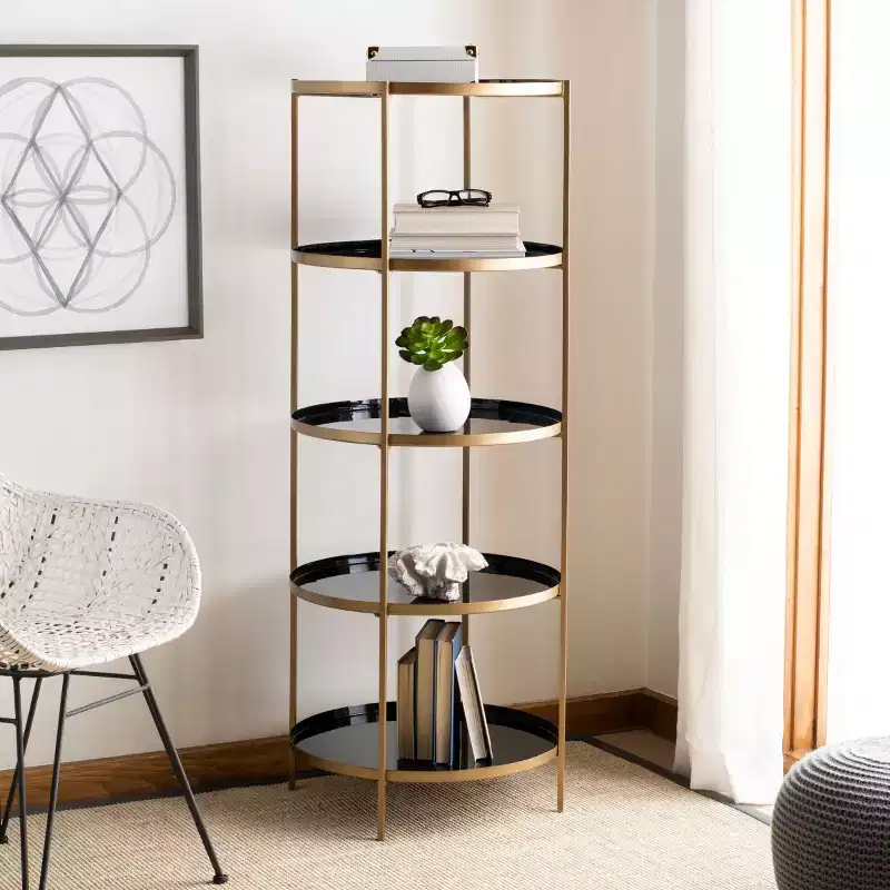 Round 5-Tier Metal Etagere Display Shelf, White Enamel & Brass Finish