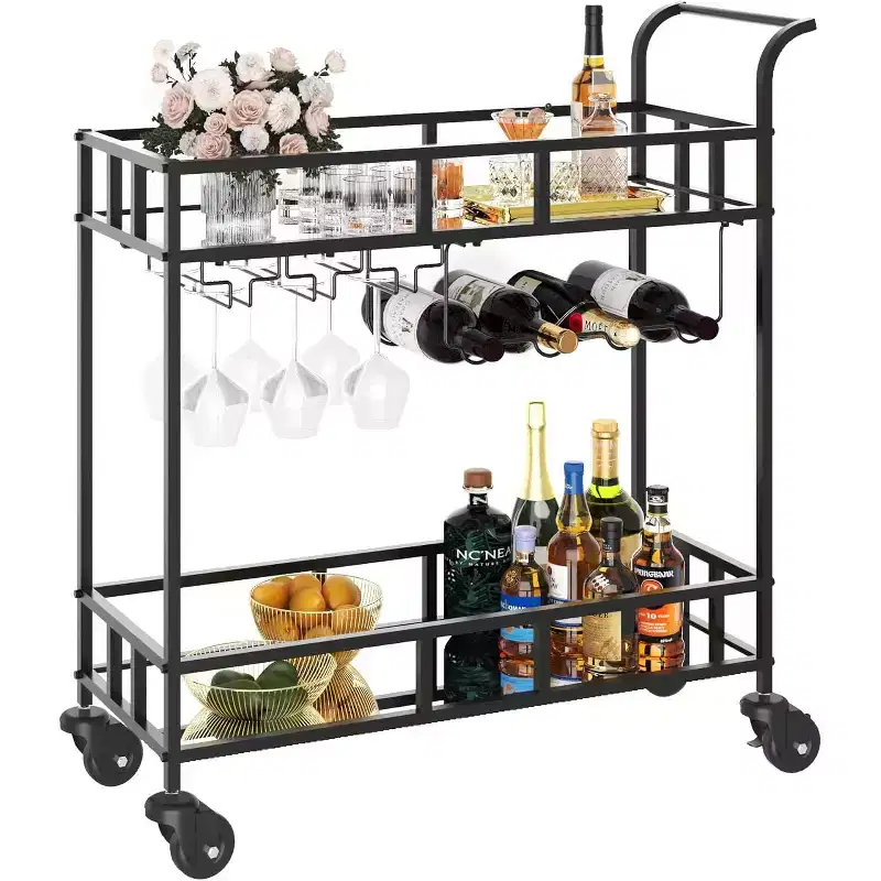 2 Tier Rolling Wine Bar Cart for Home, Small Alcohol Liquor Cart with Mirrored Shelves, Wine Racks & Glass Holder