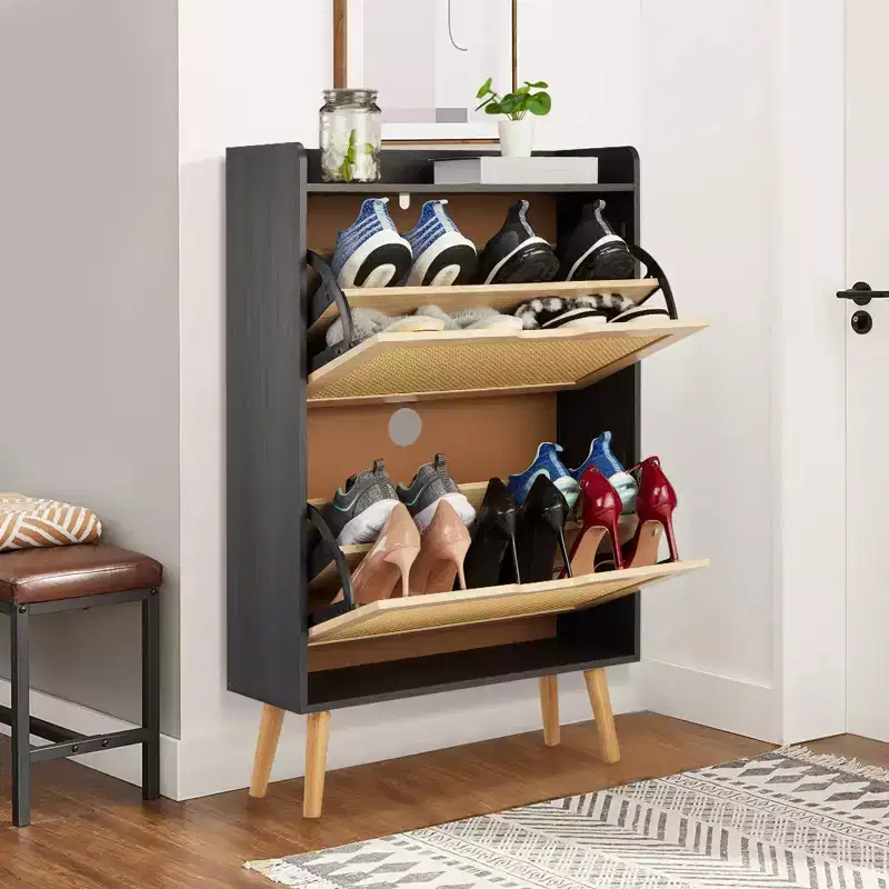 Hidden Shoe Storage with 2 Flip Rattan Flip-Drawer and Anti-Tip Design, Shoe Cabinet for Entryway, Hallway, 12-15 Pairs Storage Organiz