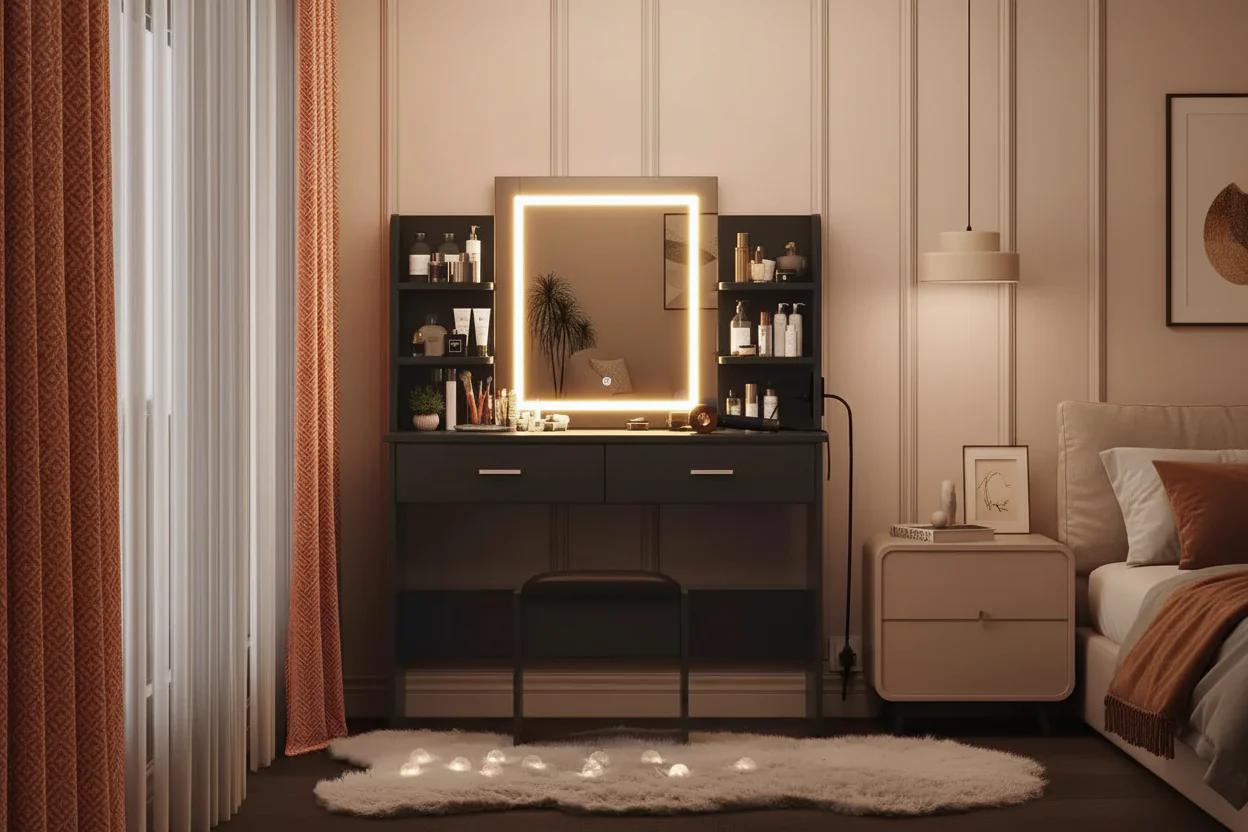 Vanity Desk with Lighted Mirror, Stool, Power Outlet, 6 Shelves & 2 Drawers, 3-Color LED, Black
