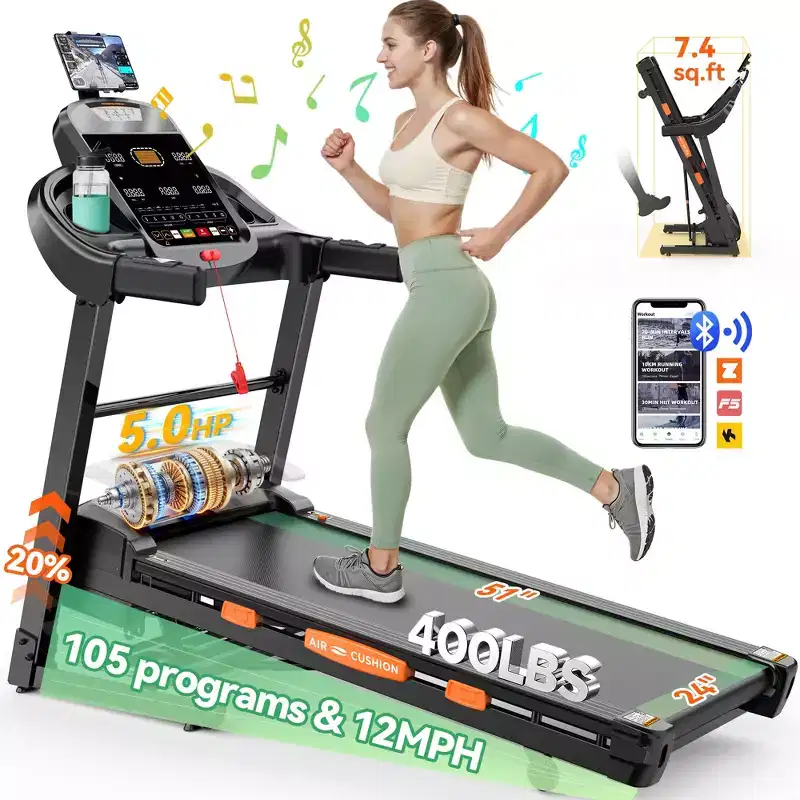 Incline Treadmill 20% Auto, Foldable Home Treadmill with Handle Bar, 5HP Quiet Brushless Motor, LED Display, 400 LBS Capacity