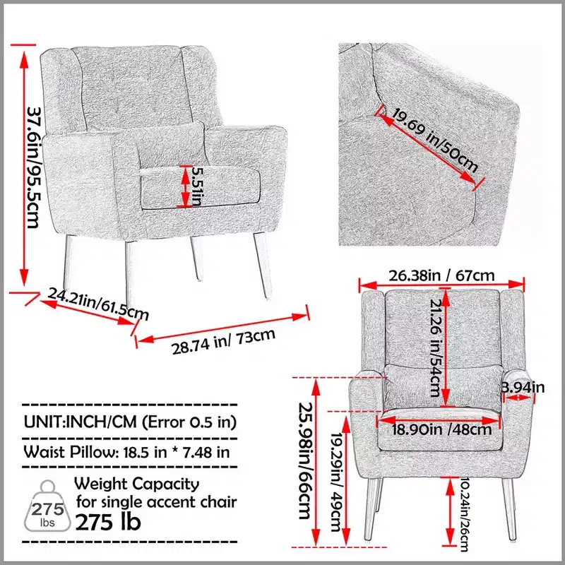 37.6 Tall Modern Accent Chair, Upholstered Foam Filled Reading Chairs With Cushion And High Backrest, Chenille Fabric Lounge Tufted Armchair