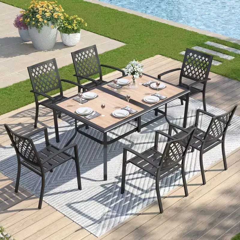 7pc Metal Patio Dining Set with Rectangular Umbrella Table & 6 Stackable Chairs - Captiva Designs