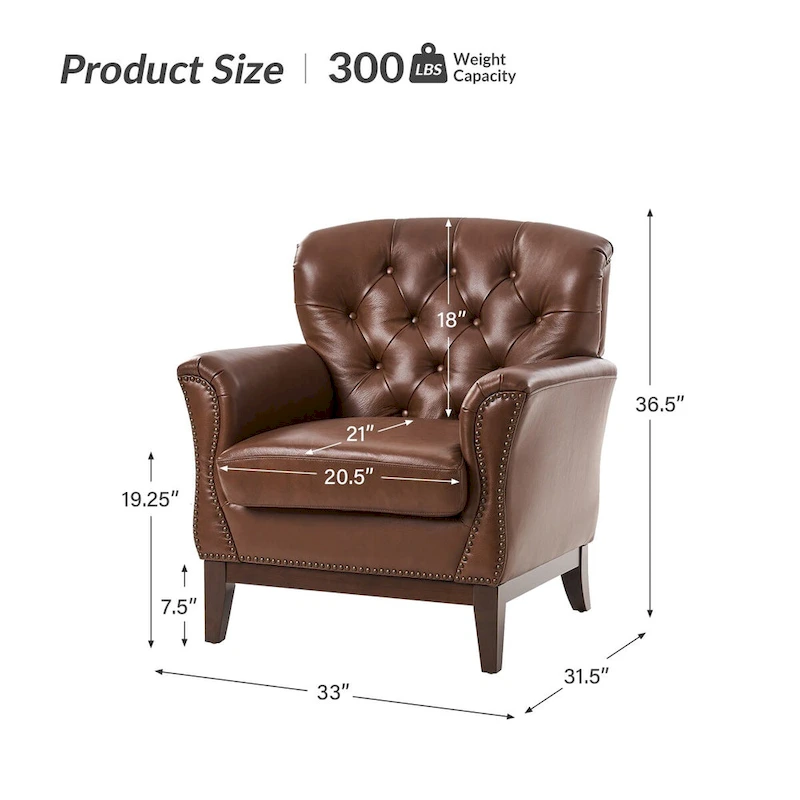 Burt Traditional Genuine Leather Accent Chair with Tufted Wing Back by HULALA HOME