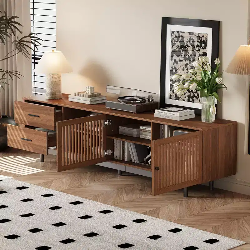 78 Fluted TV Stand for TVs Up to 85, Mid Century Modern Entertainment Center with Storage Drawers & Soft-Closing Door