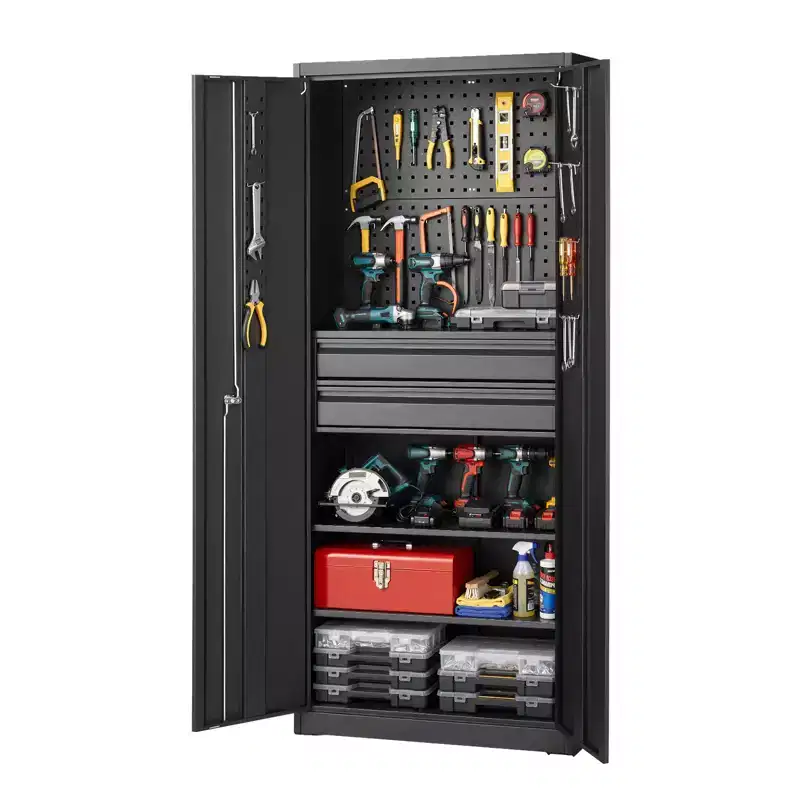 VEVOR Metal Storage Cabinet, 180 lbs Shelf Load Capacity, 70.87 Tall Garage Tool Storage Cabinet with 2 Locking Doors, Shelves, 2 Drawers, Black