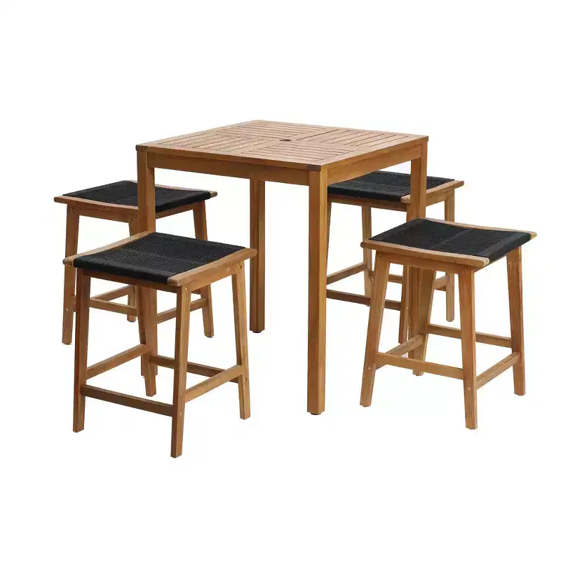 LuxenHome Outdoor Acacia Wood 4-Person Counter Height Table with 4 Stools Set Brown
