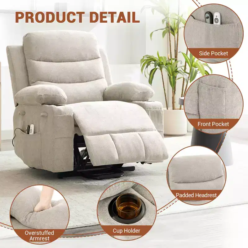Power Lift Recliner Chair, Electric Recliners for Elderly with Heat and Massage, Stand Assist with Cup Holders, Side Pocket, for Living Room