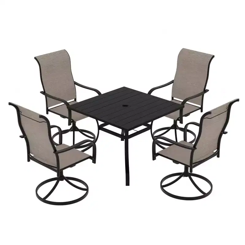 Mondawe 5-Piece Patio Dining Set,Square Table built-in Umbrella Hole & 360 Degree Swivel Chairs Outdoor Set