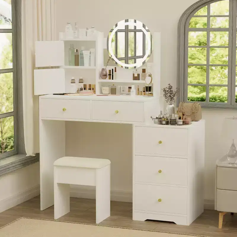 Round Mirror Vanity Desk with Adjustable Lights, 1 Cushioned Chair and Multiple Storage Compartments