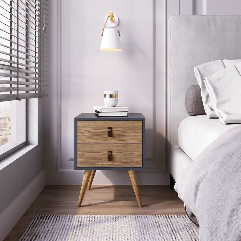 Nightstand with Faux Leather Handles, White Blue Nature Finish, Bedroom Side Table