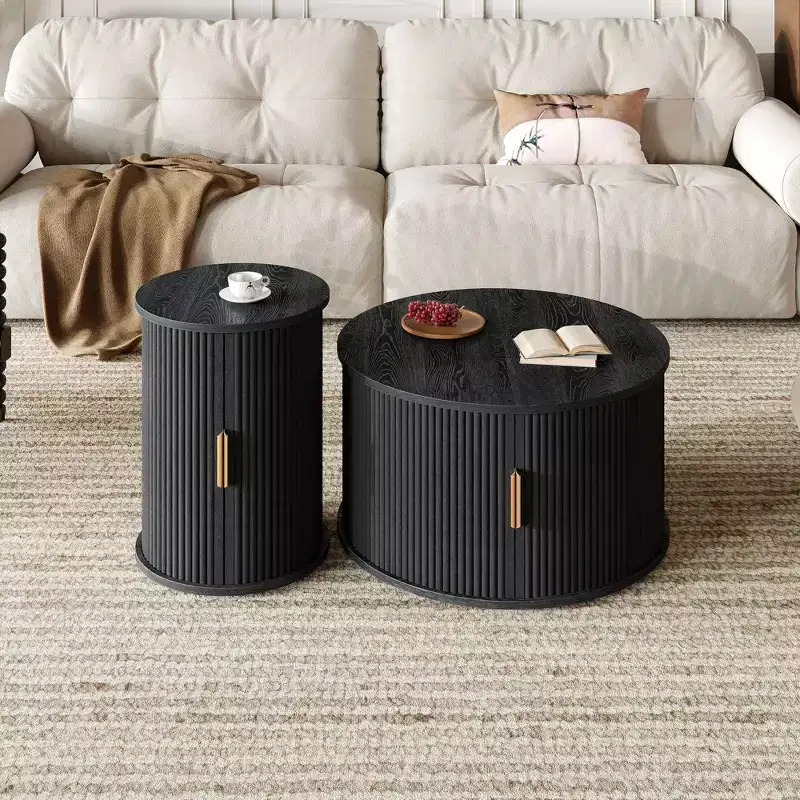 Okak Modern Round Set of 2 Coffee Table with Hidden Storage Doors,Fluted Wood Veneer Center Table for Living Room,Bedroom