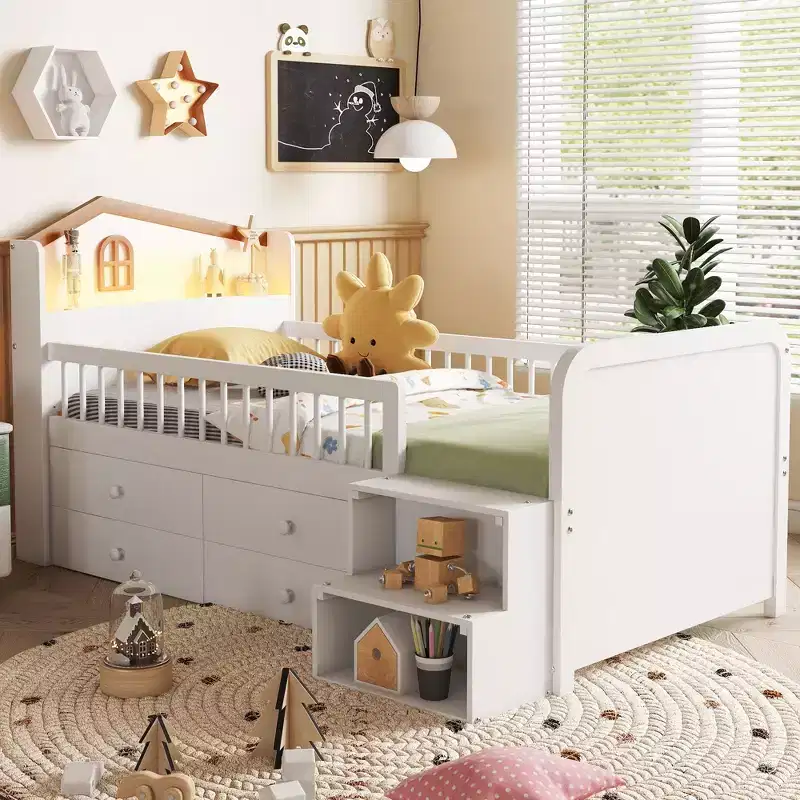 Low Loft Bed with LED Lights, Wooden Bunk Bed with House-Shaped Headboard, Children's Loft Bed with Storage Drawers, White