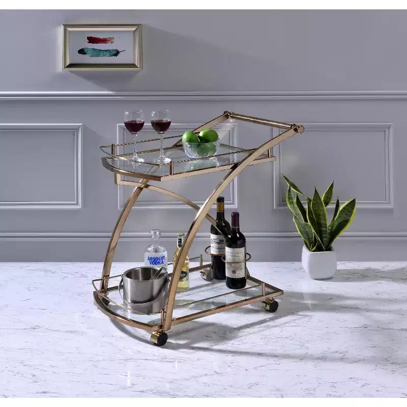 Rolling Bar Serving Cart with Wine Rack Holders - Metal Gold
