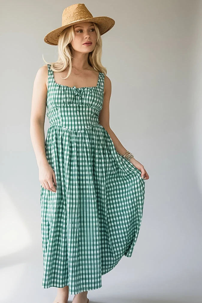 Green Gingham Sweetheart Midi Dress