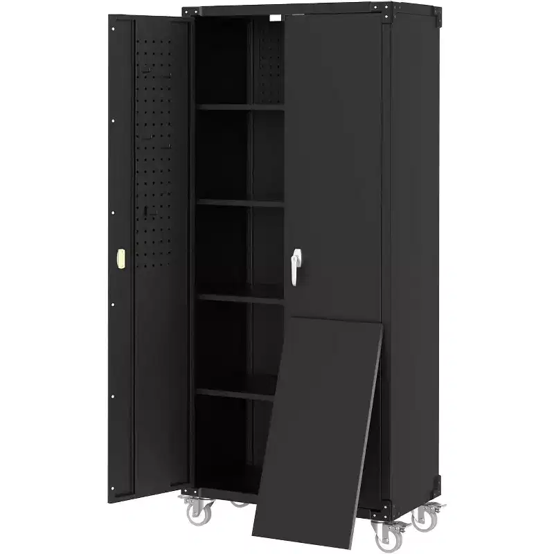 COZONY 72 Garage Storage Cabinet with Wheels & Pegboard, Lockable Metal Cabinet with 2 Doors and 4 Adjustable Shelves for Workshop Home Office
