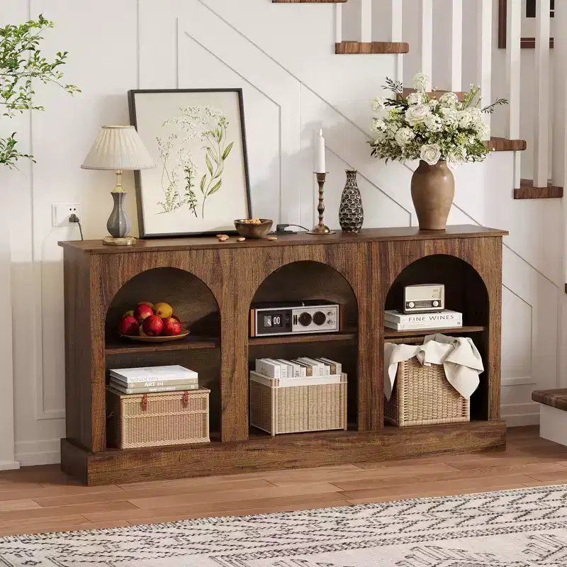 63 In Modern Arched TV Stand with Power Outlets USB Ports 3-Tier Rustic Brown Media Console Charging Station for Entryway Living Room TV Up to 70 In