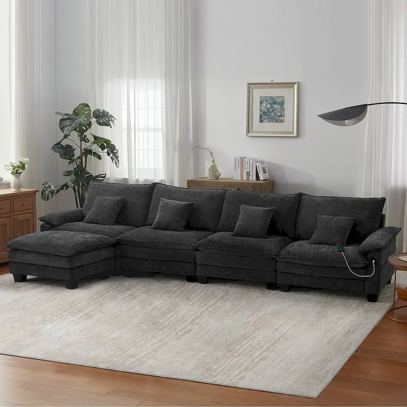 L-Shaped Modular Sectional Sofa, 5-Seat Convertible Sleeper – Blue / White / Grey / Black / Cream / Green