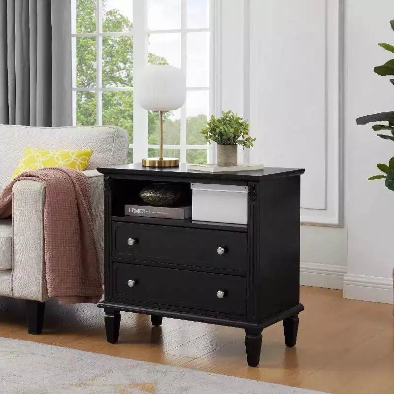 End Table with 2 Drawers and Open Shelves, Vintage Side Table Bedside Tables with USB Ports and Outlets, Wood Legs Support, Nightstand