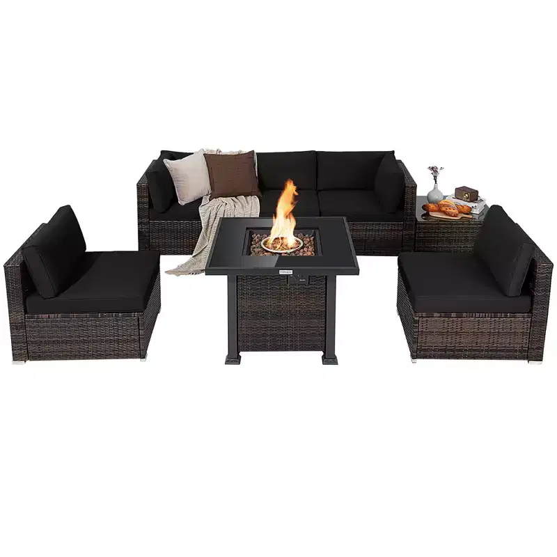 Costway 7PCS Patio Rattan Furniture Set Fire Pit Table Cover Glass Top Cushion Off White\Black\Navy\Red\Turquoise