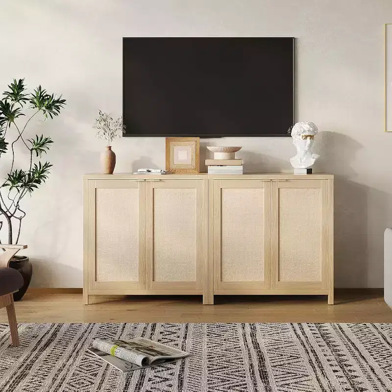 Freestanding Rattan Storage Cabinet with Doors & Adjustable Shelves, Modern Sideboard Buffet Cabinet for Living Room, Natural