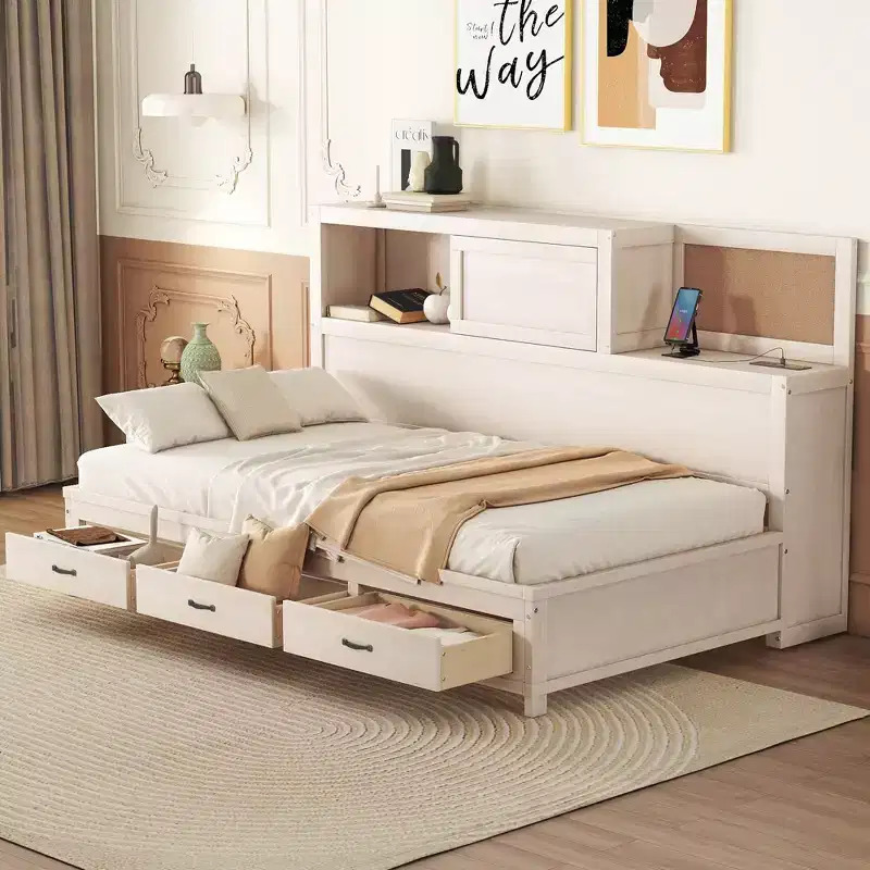 with 3 Storage Drawers and Sockets and USB Ports, Wooden Bedframe with Upper Soft Board for Bedroom Guestroom, White