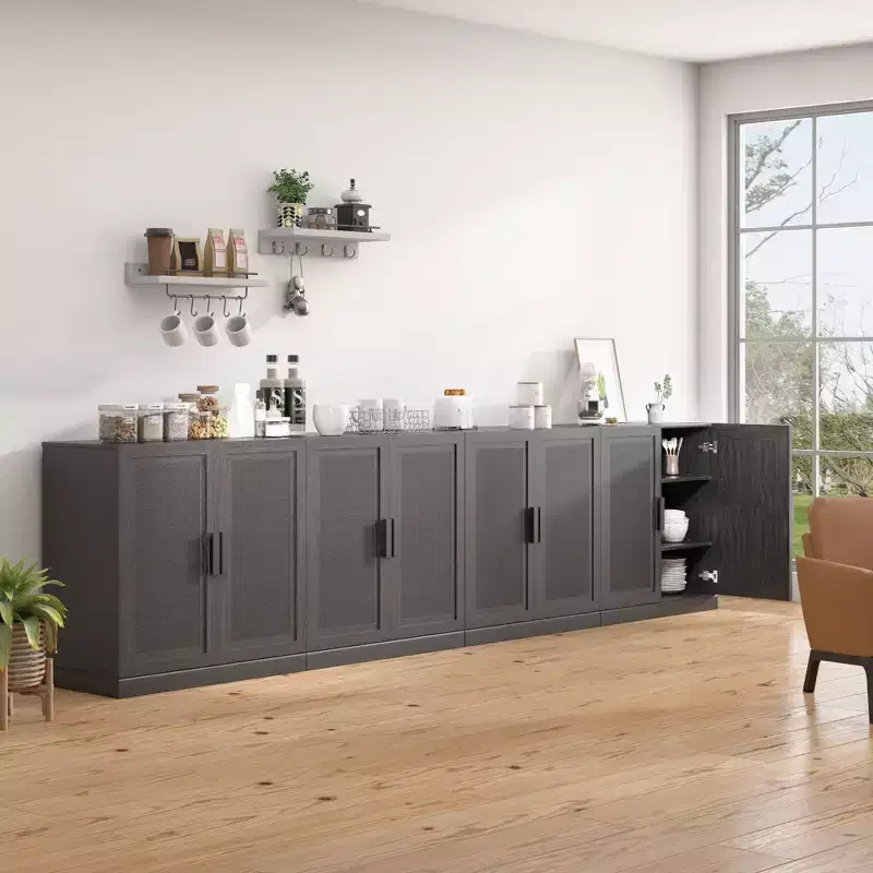 62 High Black Wicker Door Wood Grain Decorative Storage Cabinet with 12 Shelves