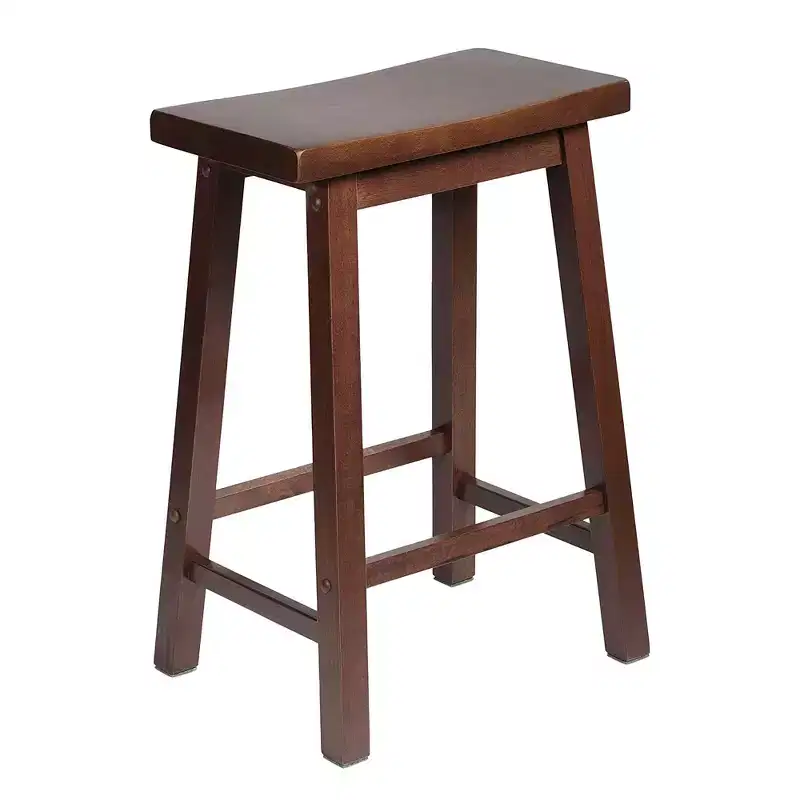Classic Saddle-Seat 24'' Tall Kitchen Counter Stool for Homes, Dining Spaces, and Bars with Backless Seat, 4 Square Legs, Walnut (3 Pack)