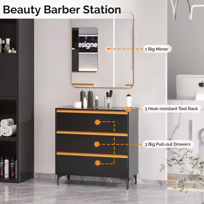 Karl Home Black Salon Styling Storage Station with Square Mirror and 3 Drawers