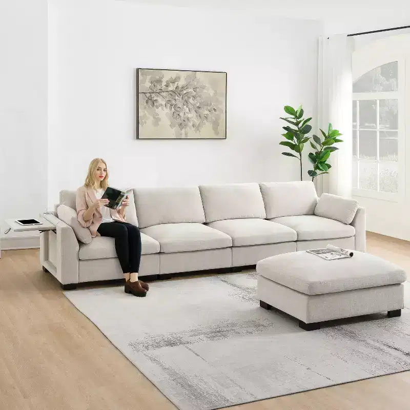 GDFStudio Lucas Modern 130 Chenille L-Shaped Modular Sectional Sofa with Ottoman, DUAL-PORT CHARGING and Folding Table