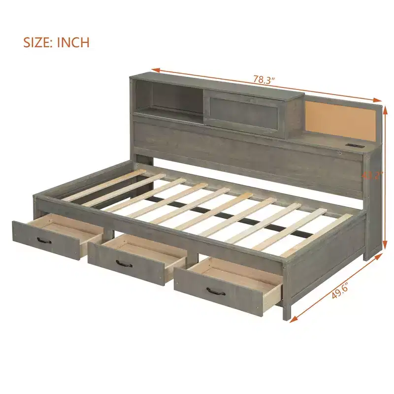 Twin Size Wooden Daybed with 3 Storage Drawers Upper Soft Board shelf and a set of Sockets and USB Ports Gray
