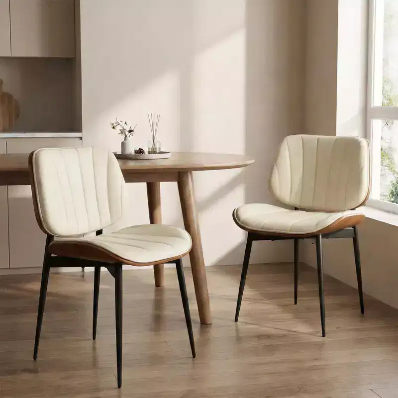 Set of 2 Mid-Century Modern Dining Chairs, PU Leather Upholstered Kitchen Chairs with Walnut Bentwood Back and Metal Legs for Dining Room & Kitchen