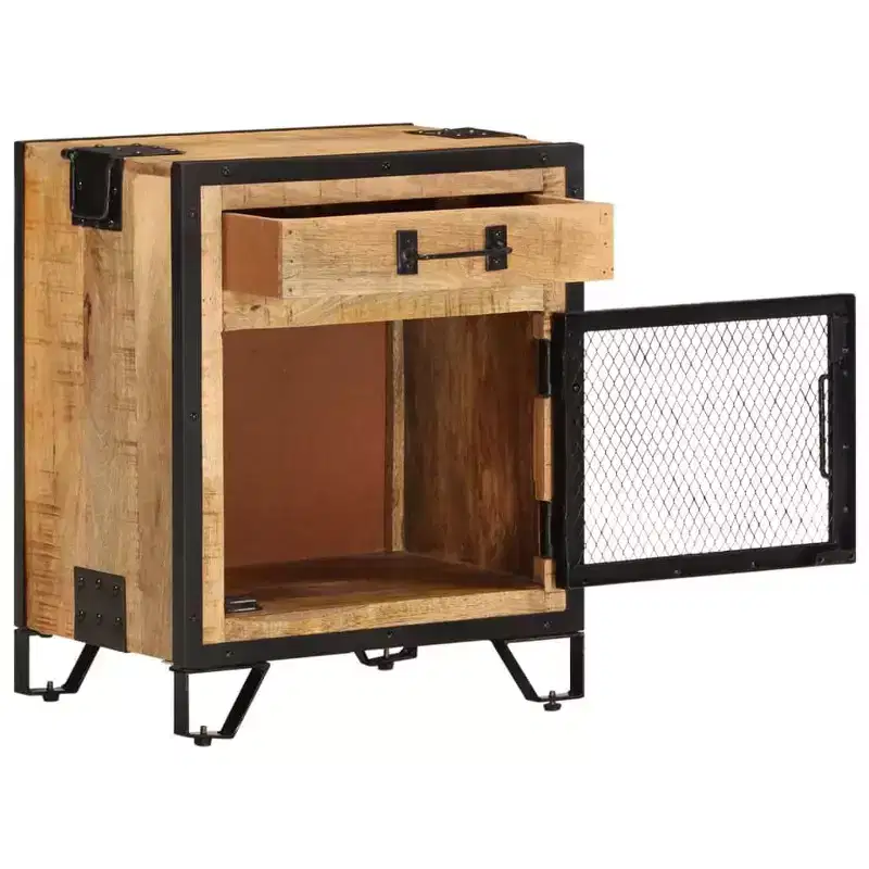 Bedside Cabinet 16.9x11.8x20.1 Solid Rough Mango Wood - Durable, Industrial Style, Bedroom Nightstand, Brown & Black, Ample Storage
