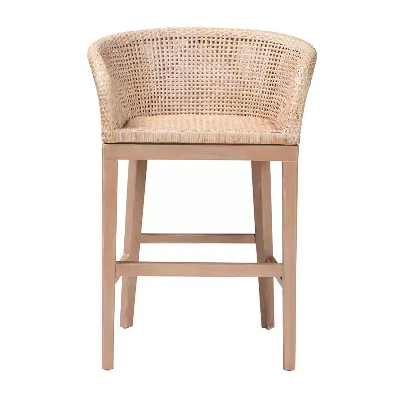bali & pari Papua Rattan and Mahogany Wood Counter Height Barstool Antique White Wash/Light Brown: 30 Day Limited Warranty, Spot Clean