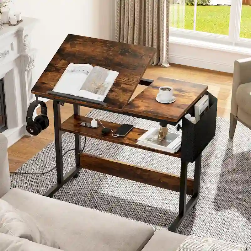 Portable Computer Desk Height Adjustable Laptop Table with Wheels Charging Station