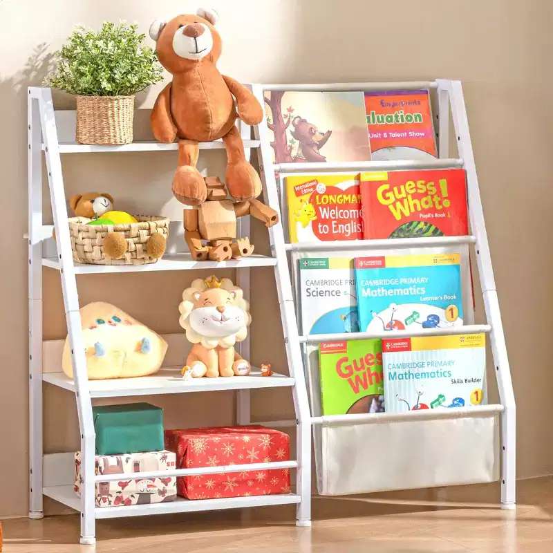 4 Tier Wooden Bookshelf & Toy Storage with Sling Pockets, White, for Living Room